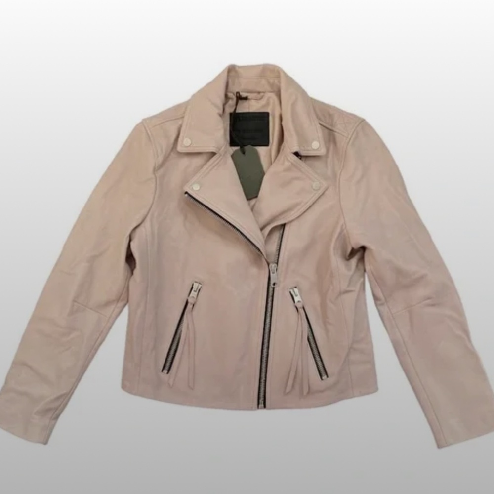 All Saints Dalby Leather Moto Biker Jacket in Cloud Pink Size 8 - Picture 11 of 12